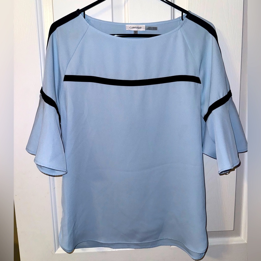 Calvin Klein Sky Blue Blouse with Black Trim and Bell Sleeves